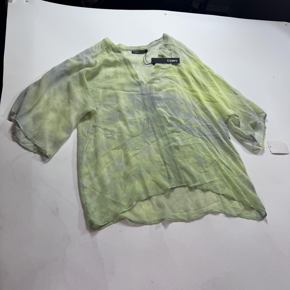 Gypsy 05 Blouse Womens Medium Green Silk Sheer Kimono Sleeve Tunic Top Made‎ USA
